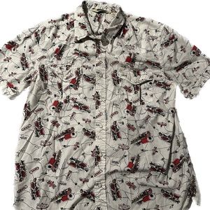 Western Button Up Collar Shirt Men’s Large White Carson City wagons horses